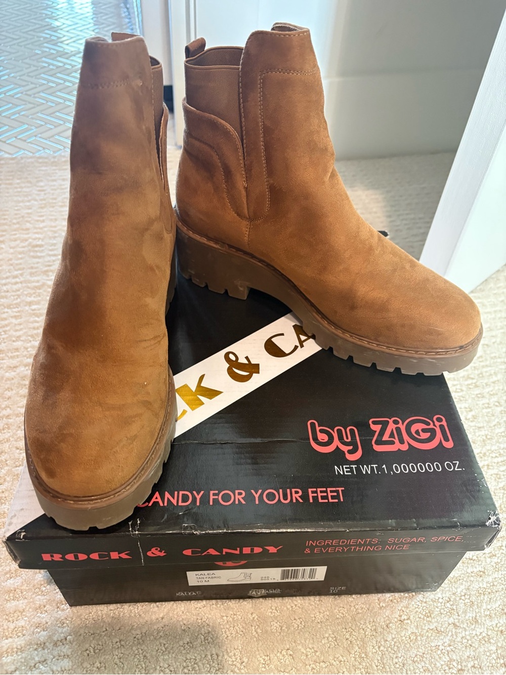 Rock & Candy Tan Suede Chelsea Lug Booties